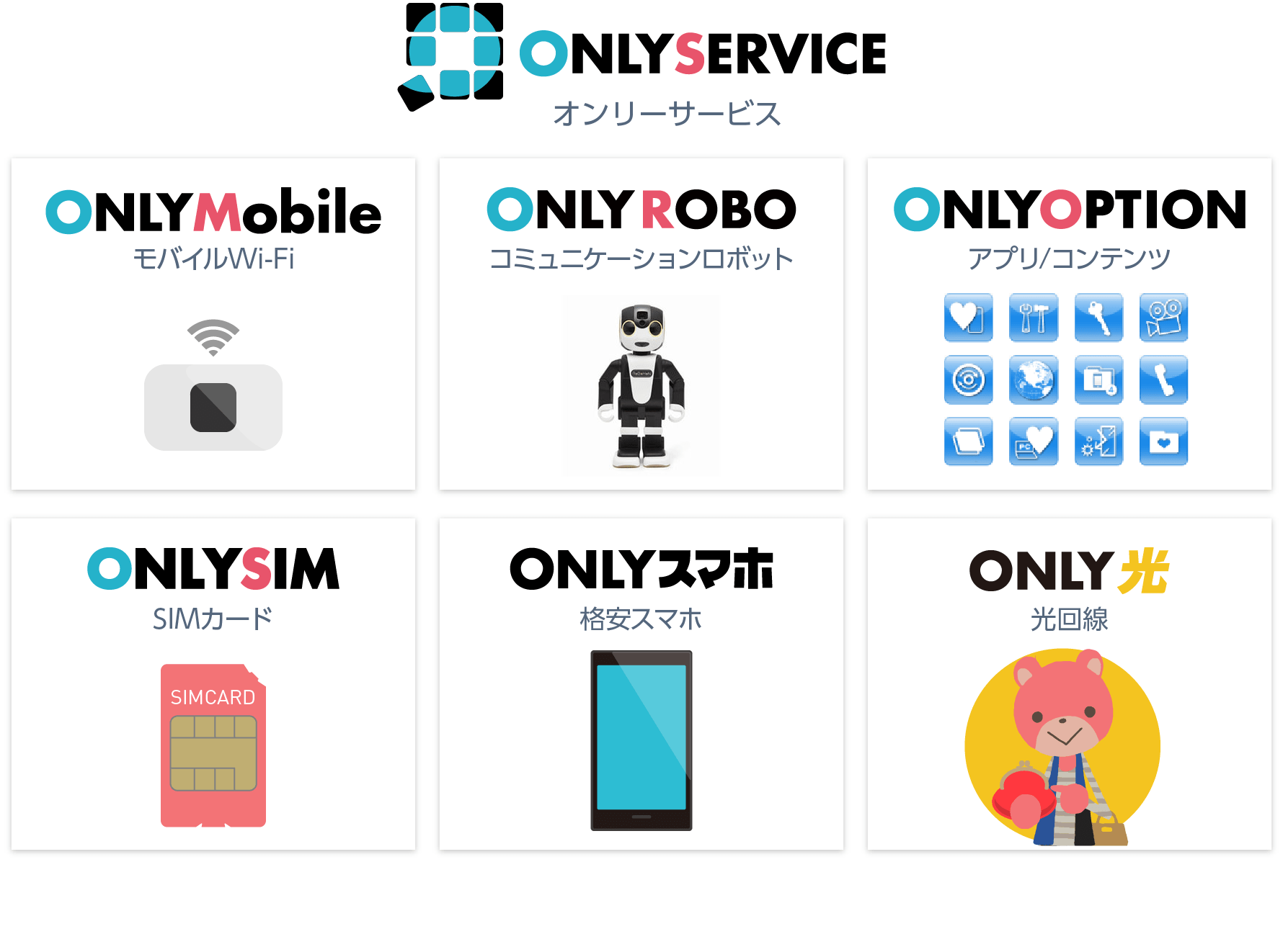 ONLYSERVICE オンリーサービス：モバイルWi-Fi・コミュニケーションロボット・アプリ コンテンツ・SIMカード・格安スマホ・光回線